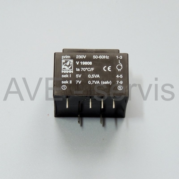 Síťový transformátor do DPS 230V/5V-0,5VA; 7V/0,7VA (selv); EI zalitý